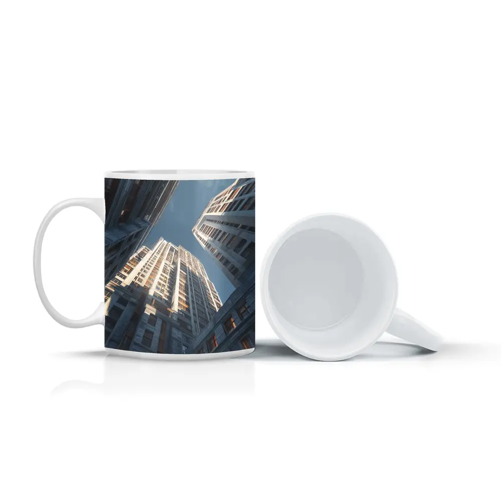 Looking Up Between Gray City Skyscrapers – Mugs