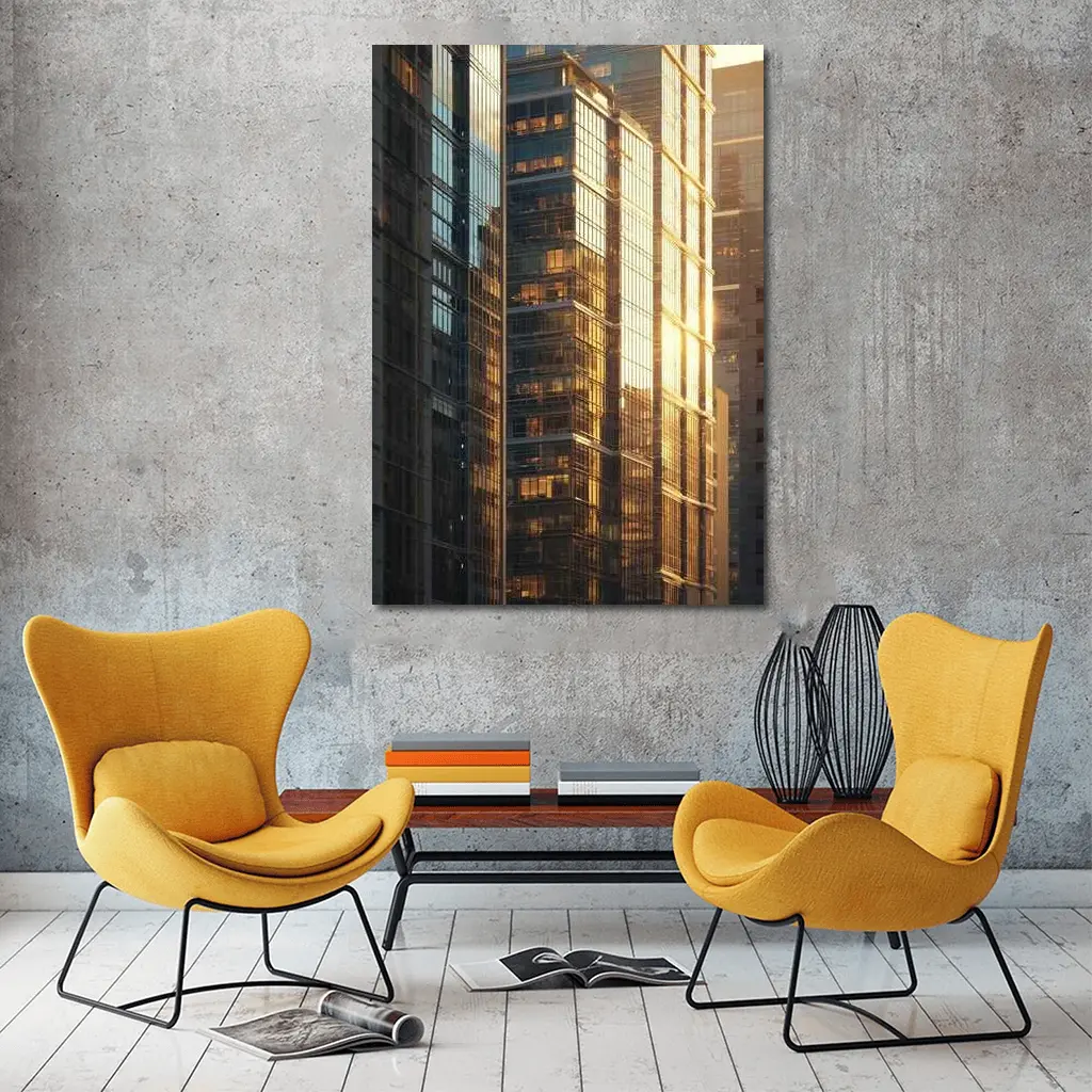 Glass Skyscrapers Reflecting Golden Sunset Light – Wall Art