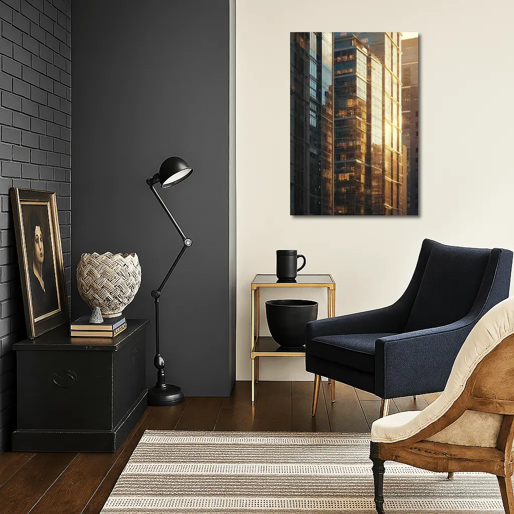 Glass Skyscrapers Reflecting Golden Sunset Light – Wall Art