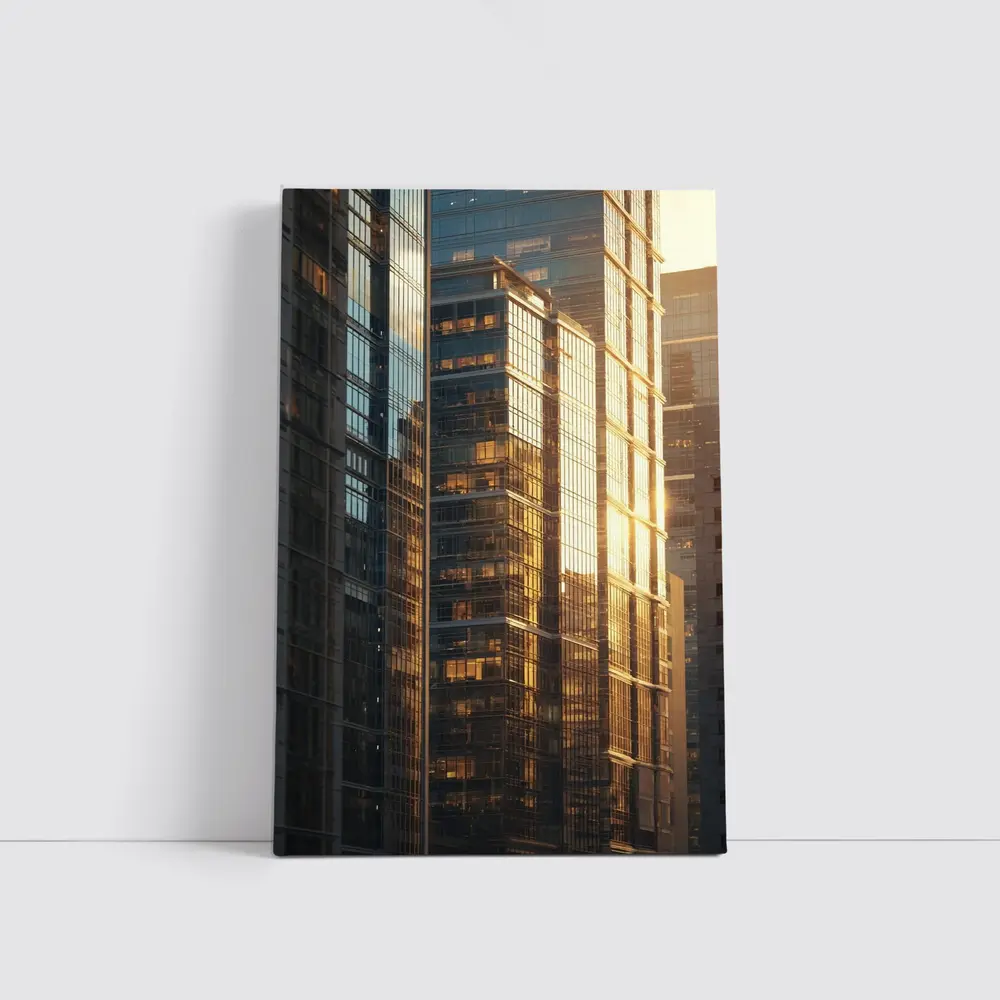 Glass Skyscrapers Reflecting Golden Sunset Light – Wall Art