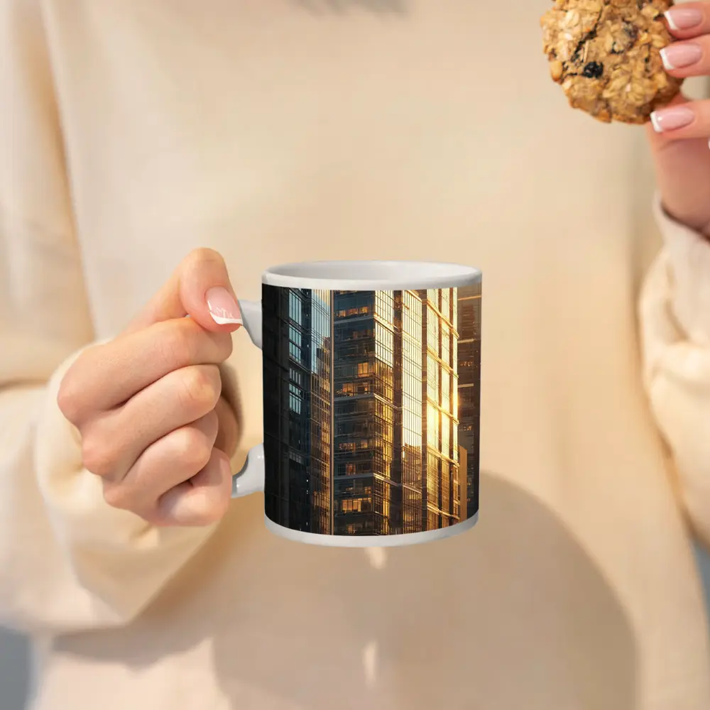 Glass Skyscrapers Reflecting Golden Sunset Light – Mugs