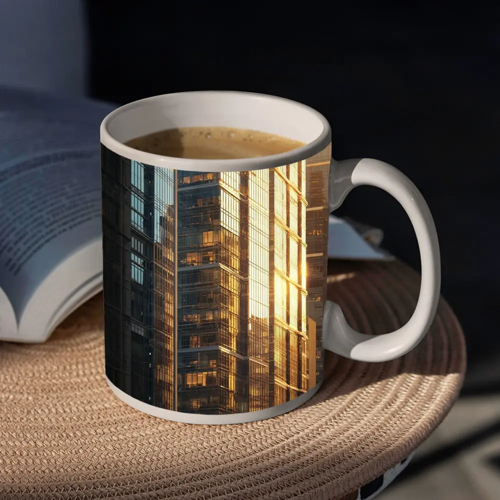 Glass Skyscrapers Reflecting Golden Sunset Light – Mugs