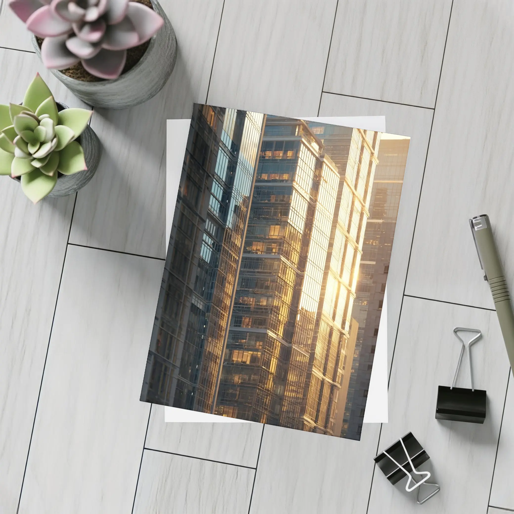Glass Skyscrapers Reflecting Golden Sunset Light – Postcards
