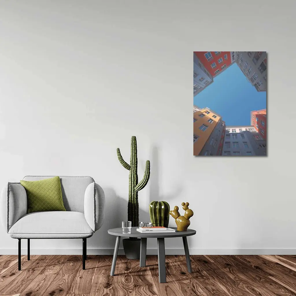 Looking Up Between Colorful City Buildings Sky – Wall Art
