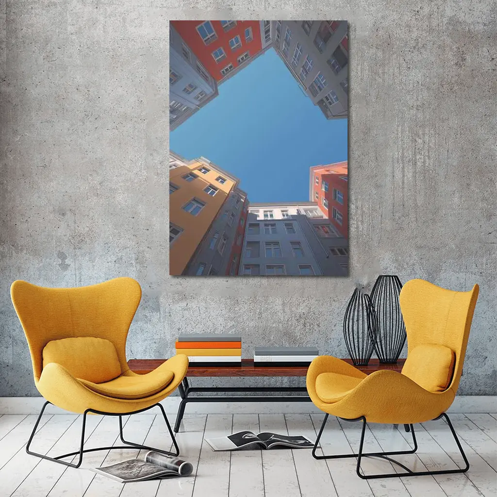 Looking Up Between Colorful City Buildings Sky – Wall Art