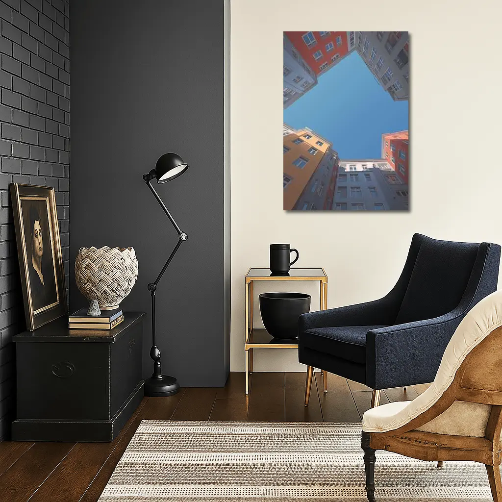 Looking Up Between Colorful City Buildings Sky – Wall Art