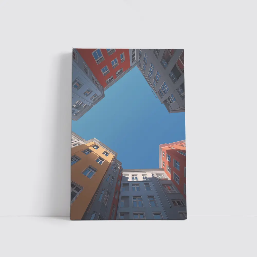 Looking Up Between Colorful City Buildings Sky – Wall Art