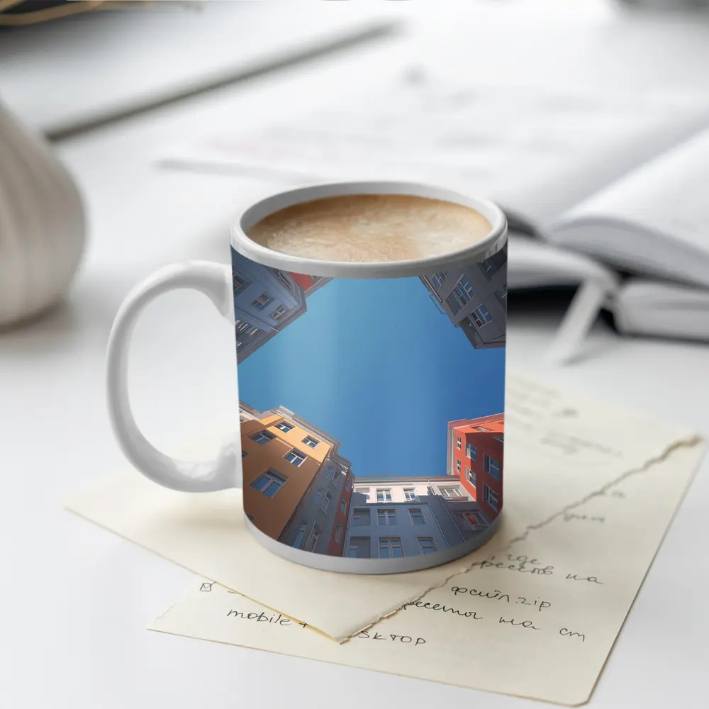 Looking Up Between Colorful City Buildings Sky – Mugs