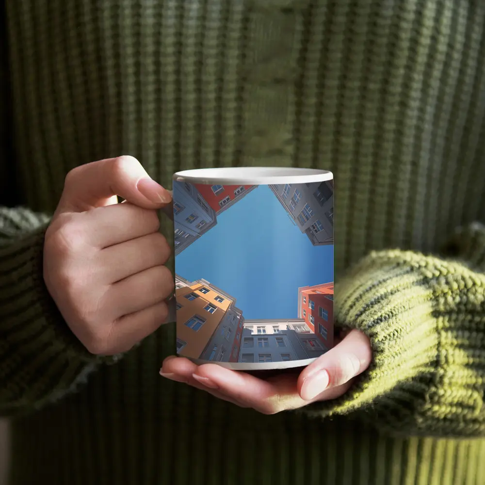 Looking Up Between Colorful City Buildings Sky – Mugs