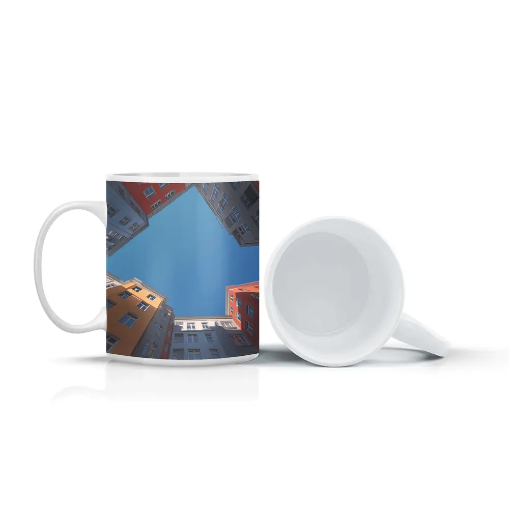 Looking Up Between Colorful City Buildings Sky – Mugs
