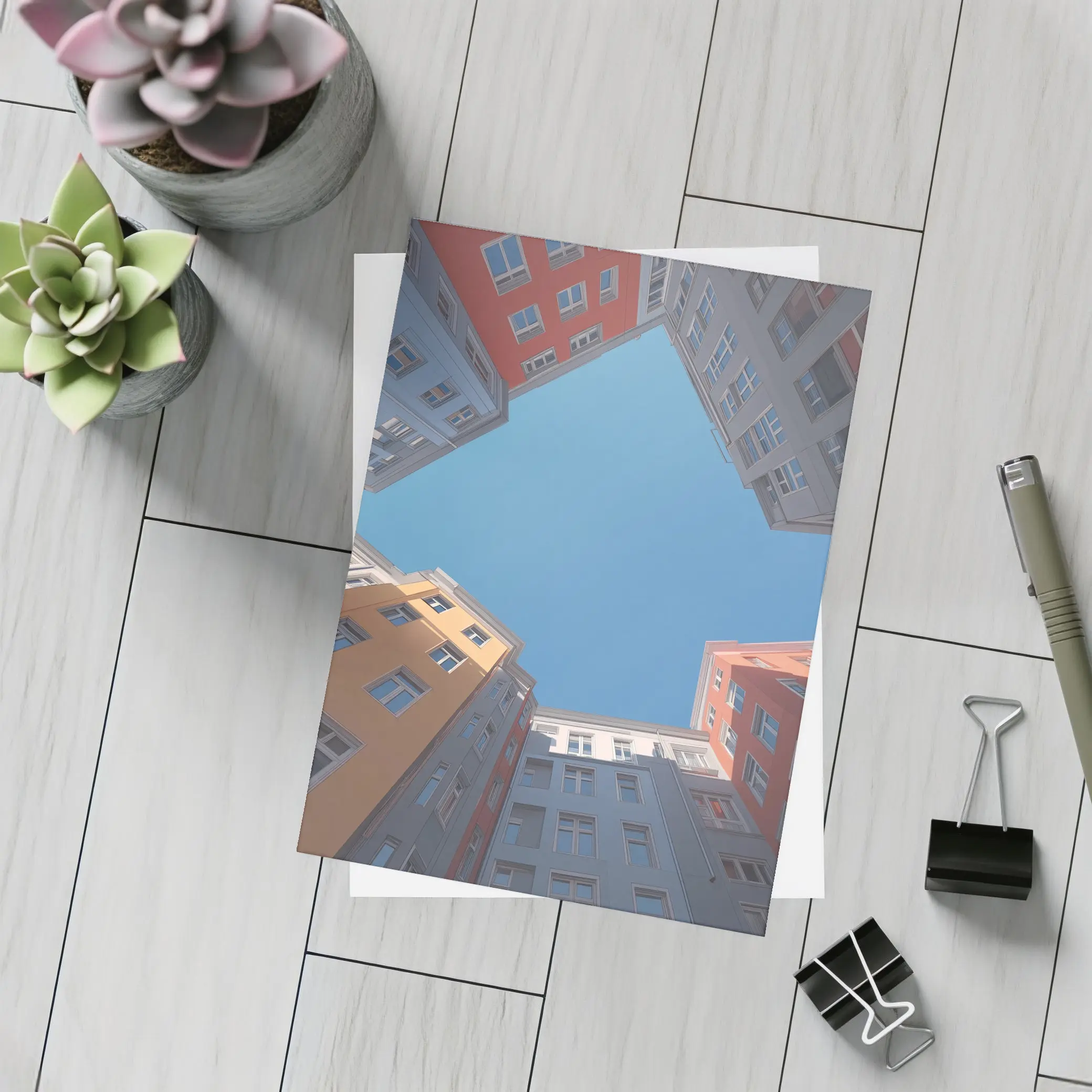 Looking Up Between Colorful City Buildings Sky – Postcards