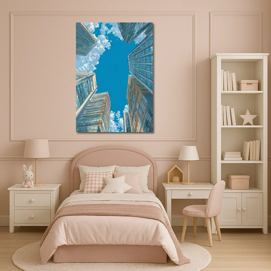 Looking Up City Skyscrapers Blue Sky – Wall Art