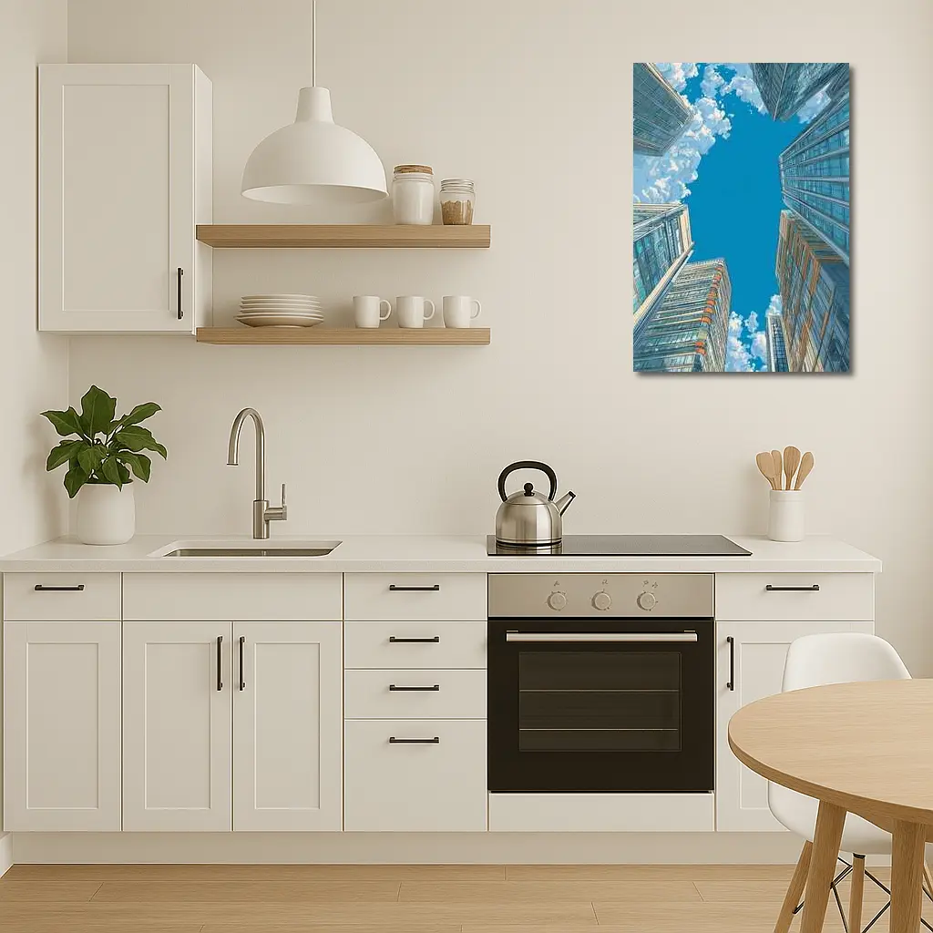 Looking Up City Skyscrapers Blue Sky – Wall Art