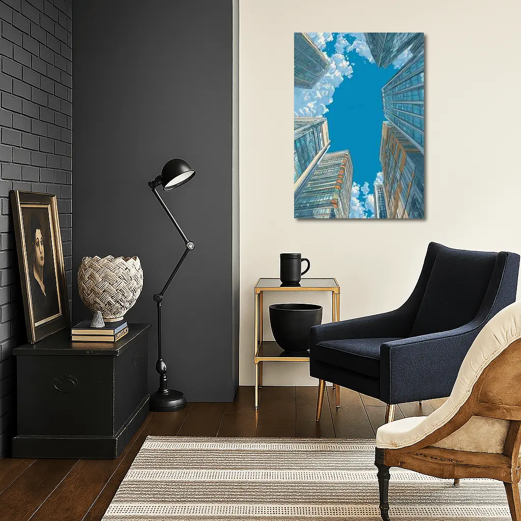 Looking Up City Skyscrapers Blue Sky – Wall Art