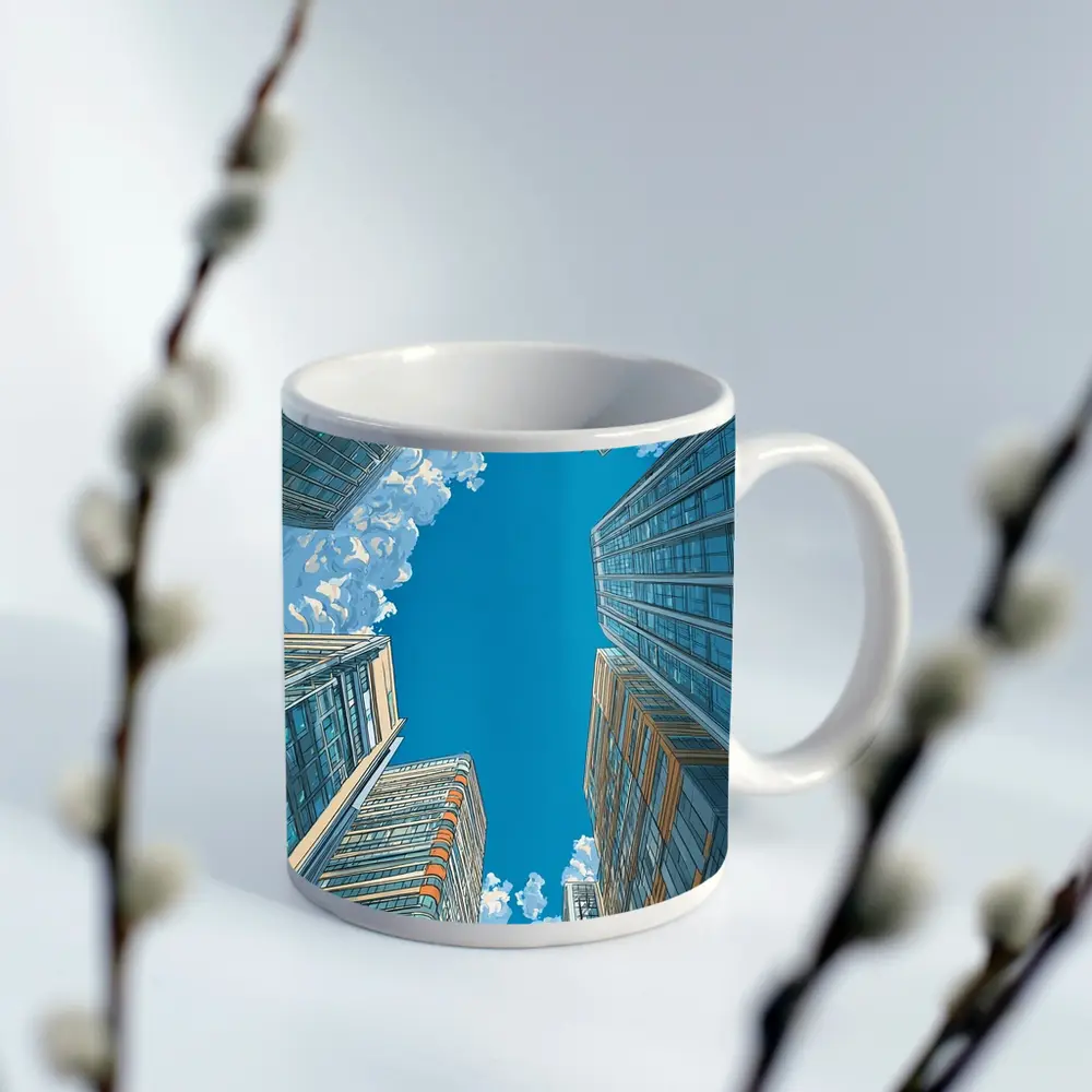 Looking Up City Skyscrapers Blue Sky – Mugs