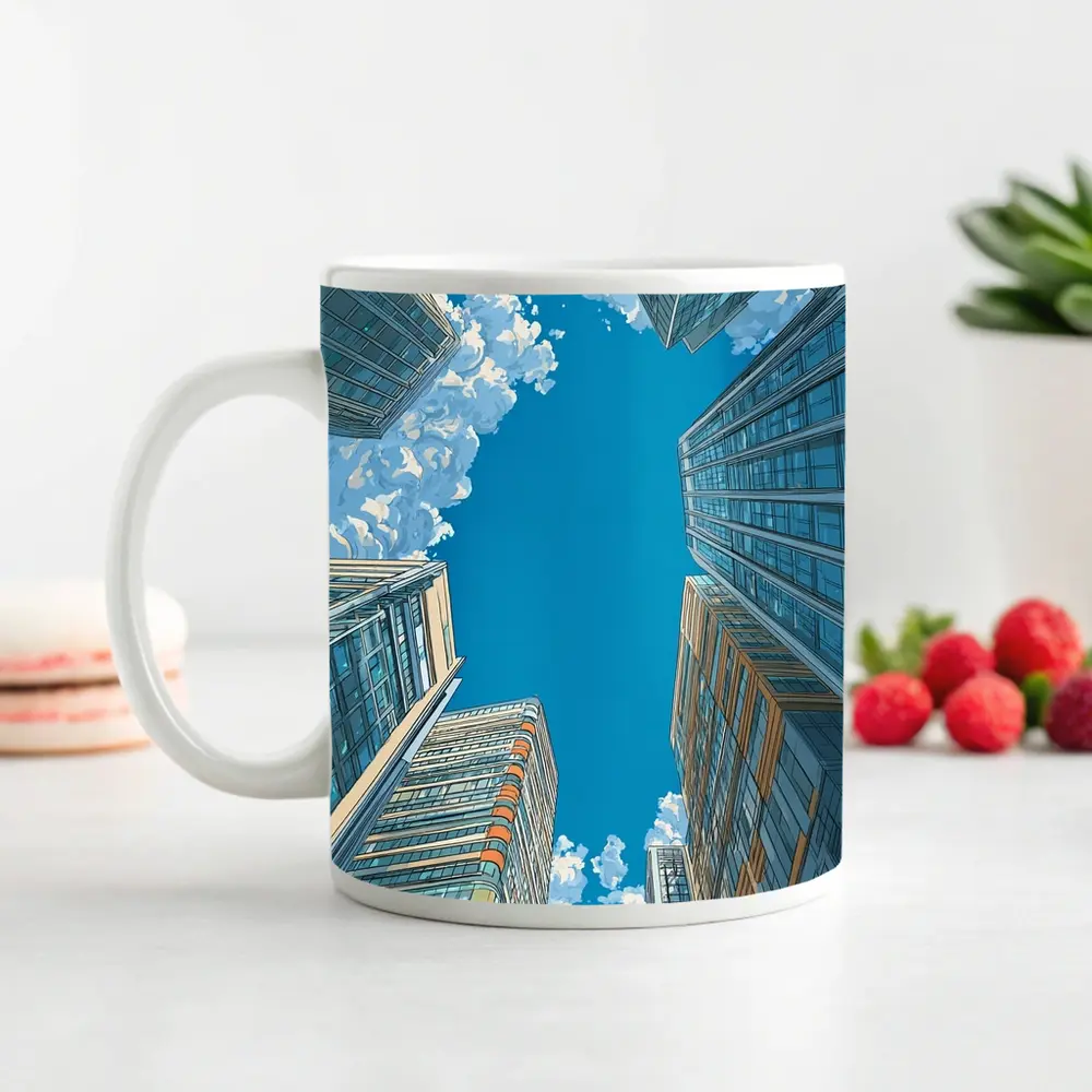 Looking Up City Skyscrapers Blue Sky – Mugs
