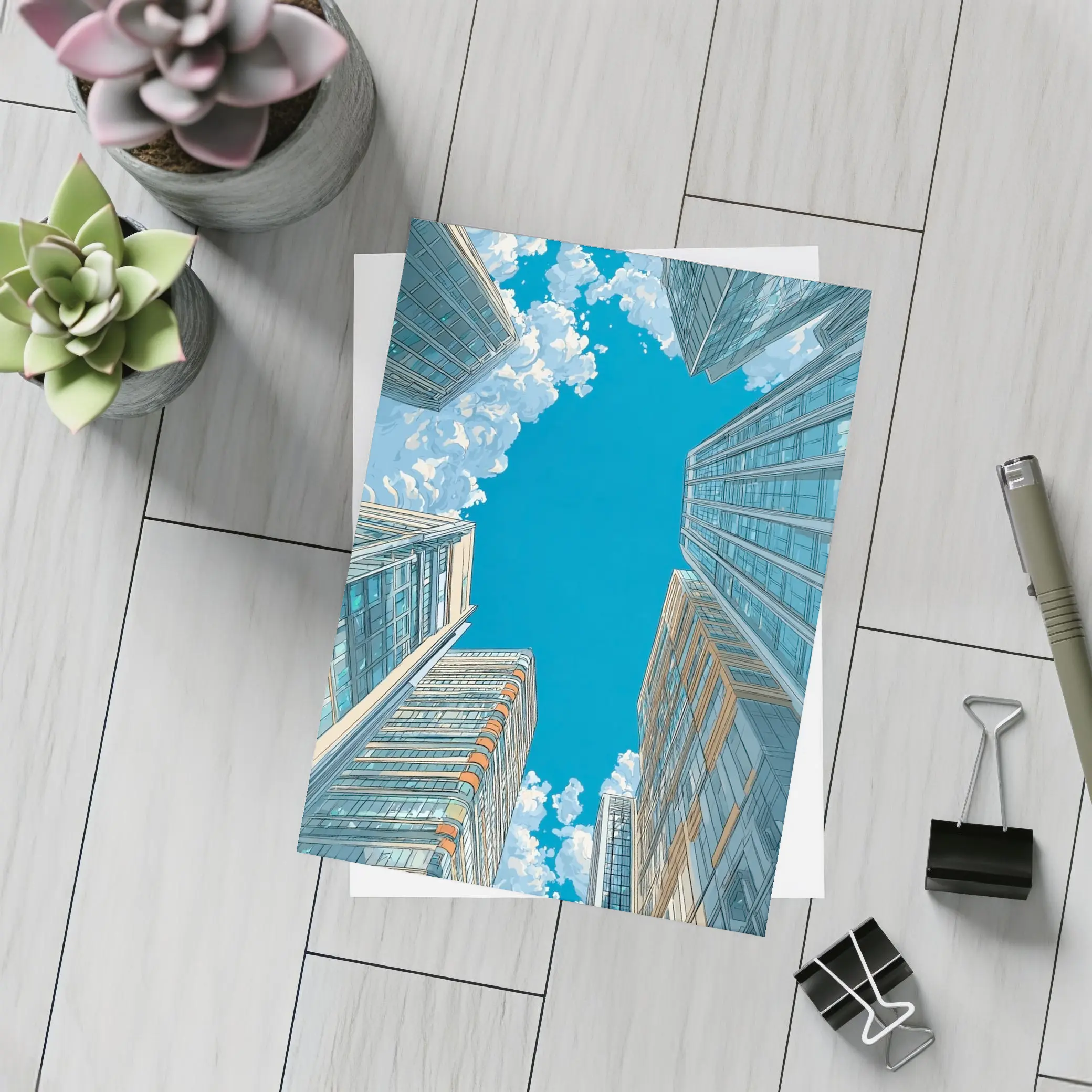 Looking Up City Skyscrapers Blue Sky – Postcards