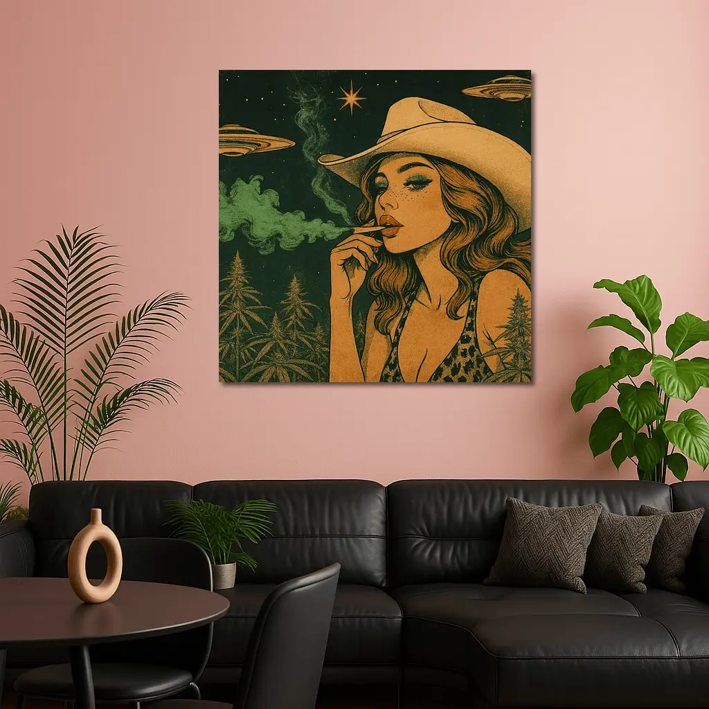 Cowgirl Smoking Cannabis UFO Night Sky – Wall Art