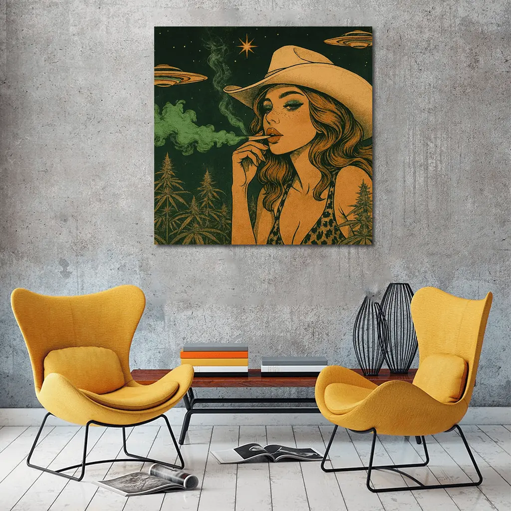 Cowgirl Smoking Cannabis UFO Night Sky – Wall Art