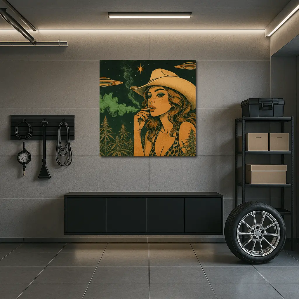 Cowgirl Smoking Cannabis UFO Night Sky – Wall Art
