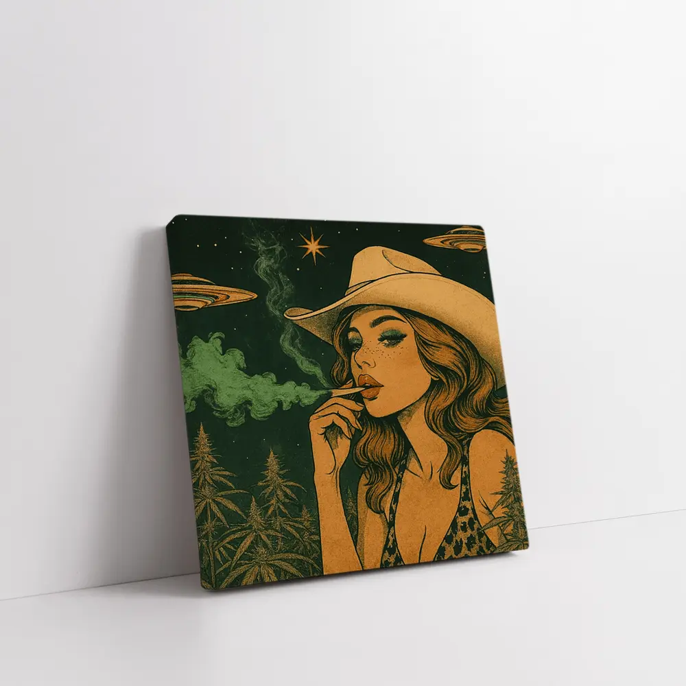 Cowgirl Smoking Cannabis UFO Night Sky – Wall Art