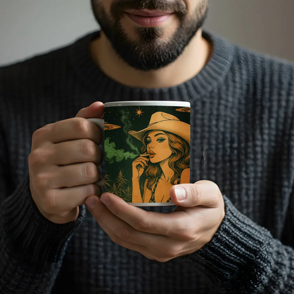 Cowgirl Smoking Cannabis UFO Night Sky – Mugs