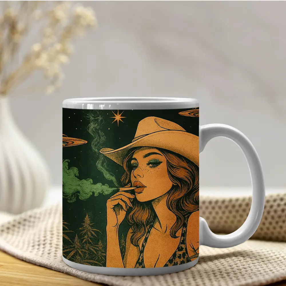 Cowgirl Smoking Cannabis UFO Night Sky – Mugs