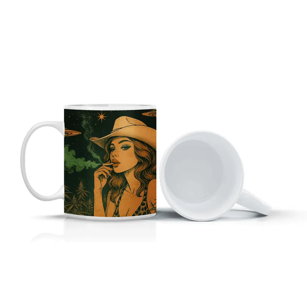 Cowgirl Smoking Cannabis UFO Night Sky – Mugs