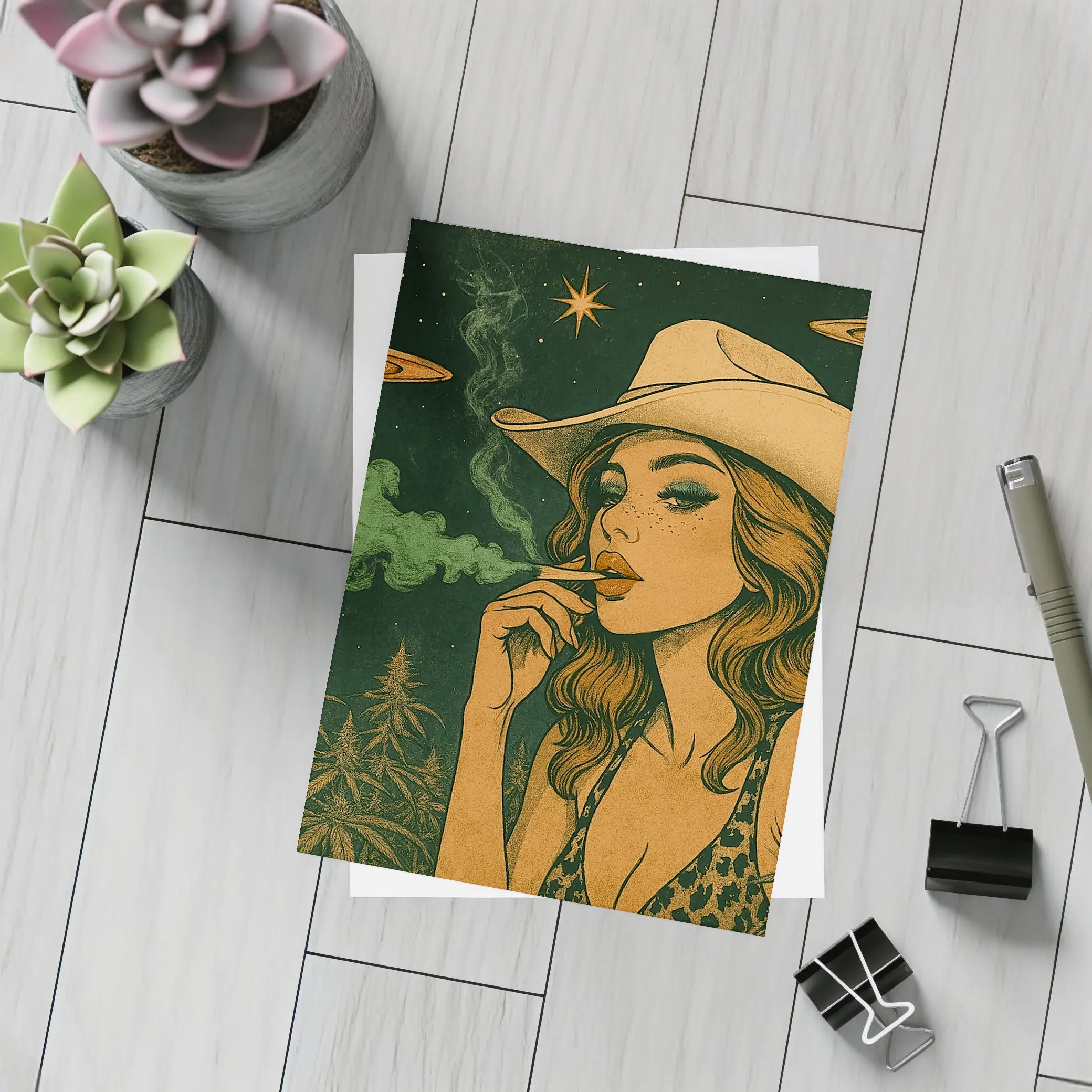 Cowgirl Smoking Cannabis UFO Night Sky – Postcards