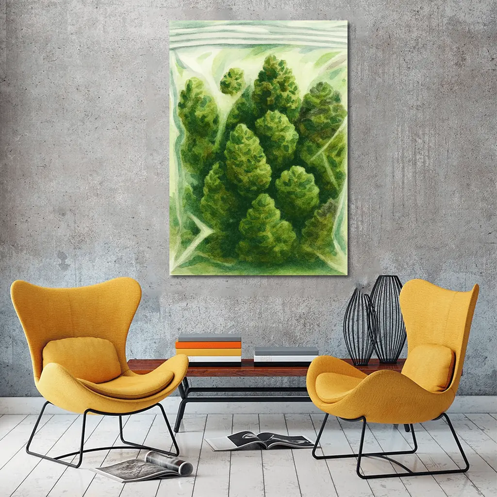 Cannabis Buds Watercolor Painting Green Bag – Wall Art