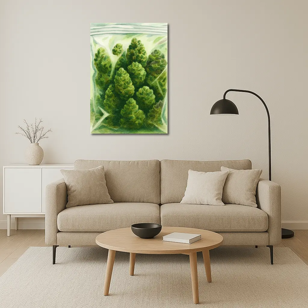 Cannabis Buds Watercolor Painting Green Bag – Wall Art