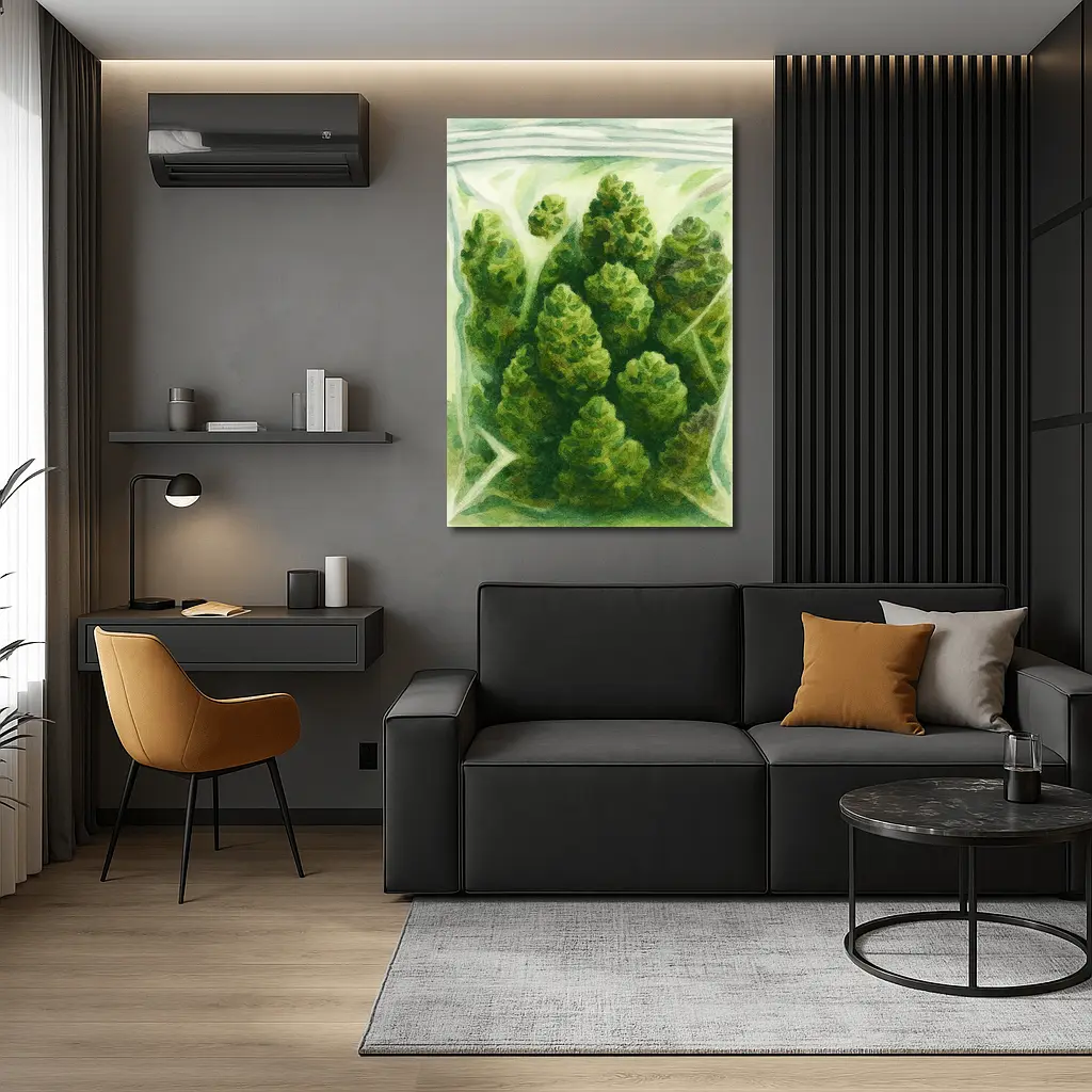 Cannabis Buds Watercolor Painting Green Bag – Wall Art