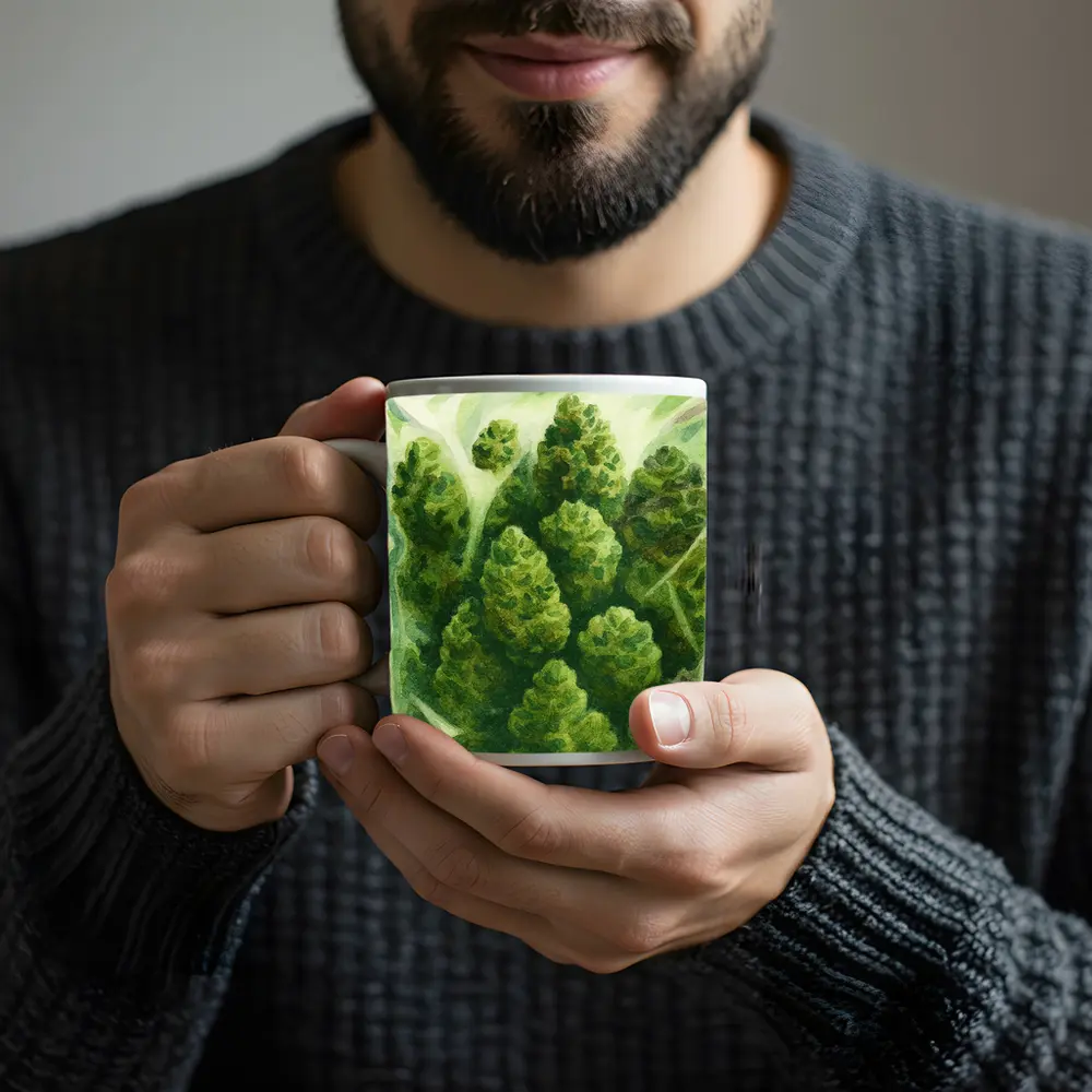 Cannabis Buds Watercolor Painting Green Bag – Mugs