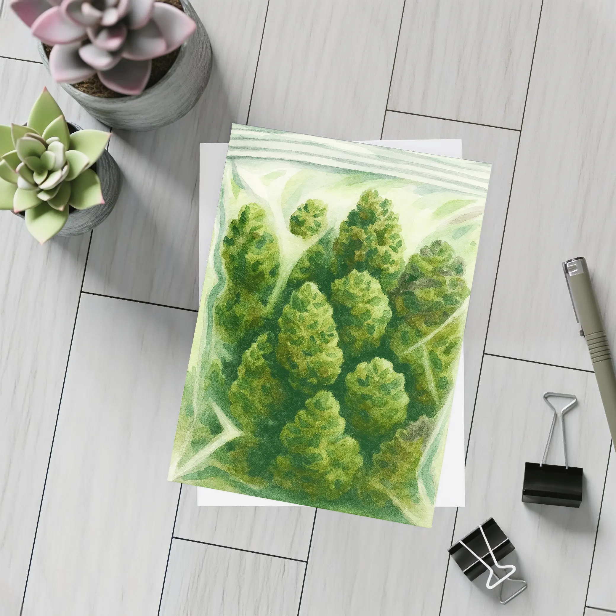 Cannabis Buds Watercolor Painting Green Bag – Postcards