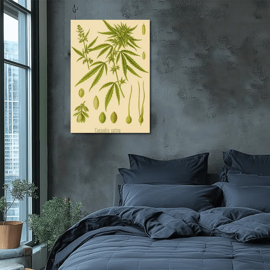 Cannabis Sativa Botanical Illustration Beige Background – Wall Art