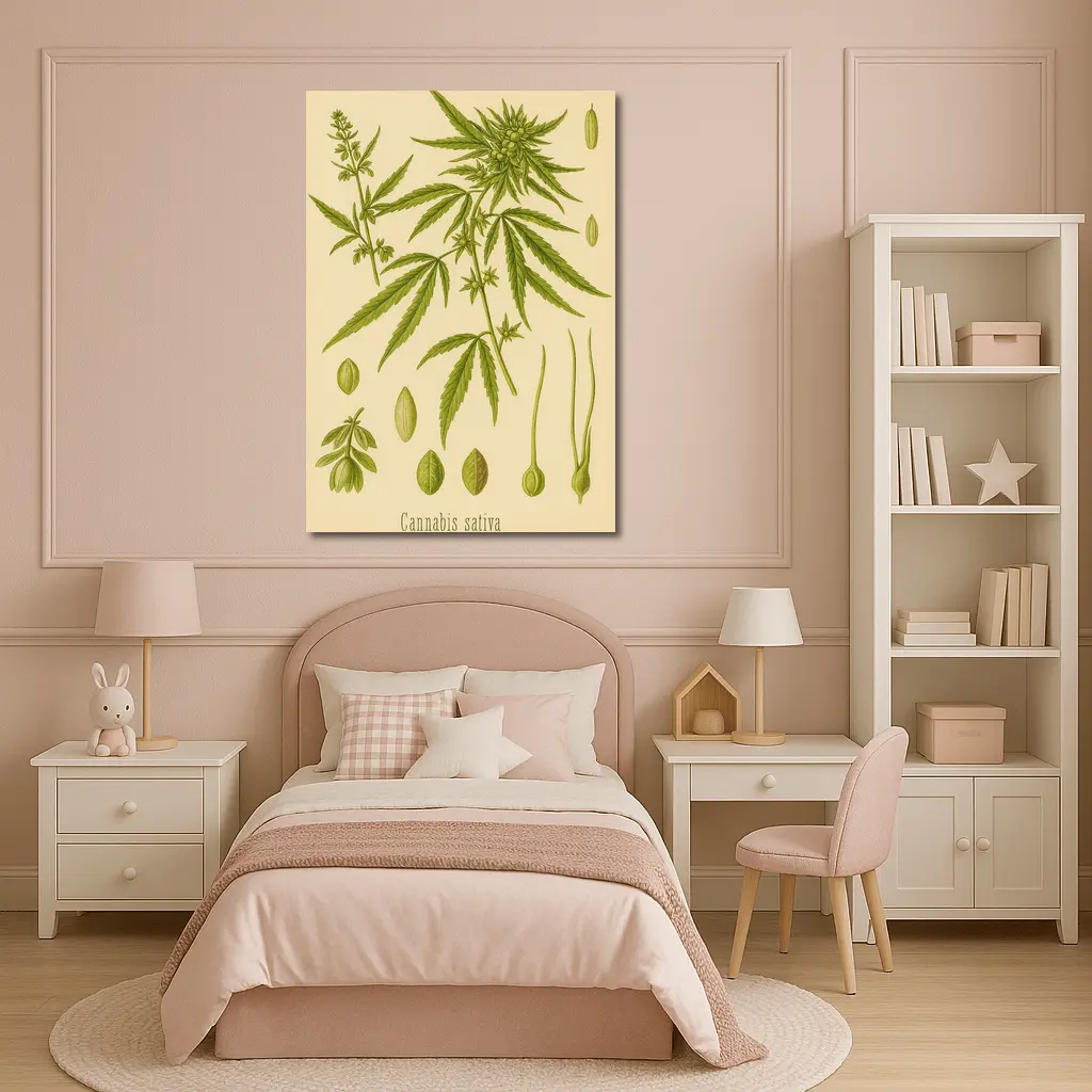 Cannabis Sativa Botanical Illustration Beige Background – Wall Art