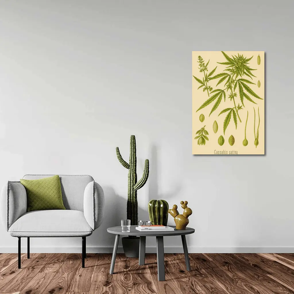 Cannabis Sativa Botanical Illustration Beige Background – Wall Art