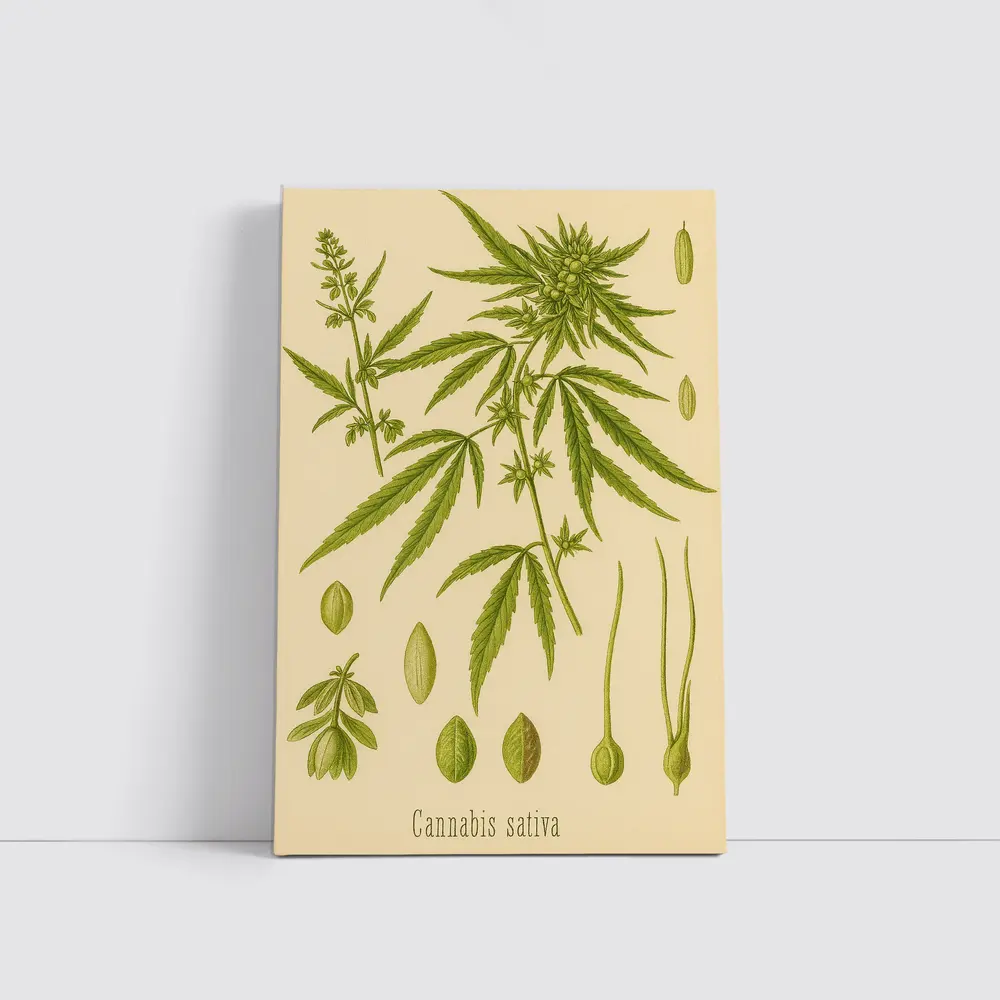 Cannabis Sativa Botanical Illustration Beige Background – Wall Art