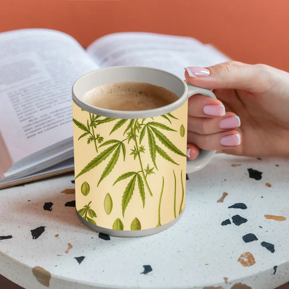 Cannabis Sativa Botanical Illustration Beige Background – Mugs