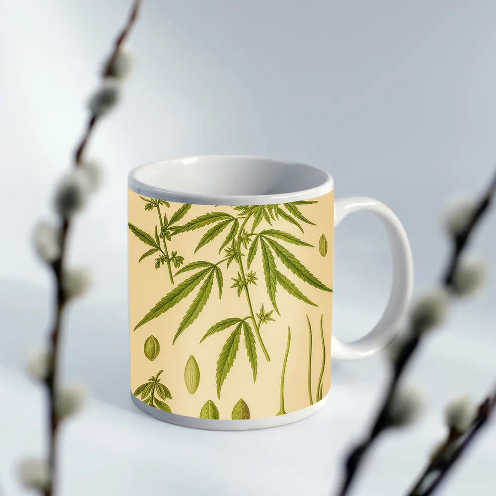 Cannabis Sativa Botanical Illustration Beige Background – Mugs