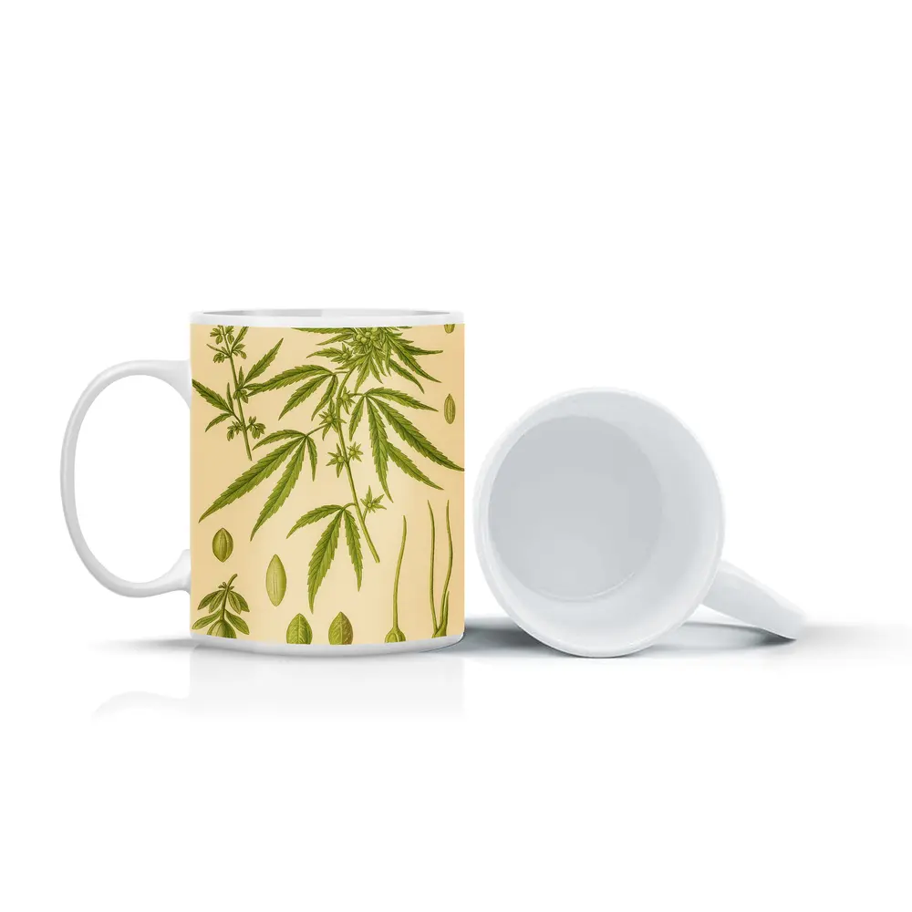 Cannabis Sativa Botanical Illustration Beige Background – Mugs
