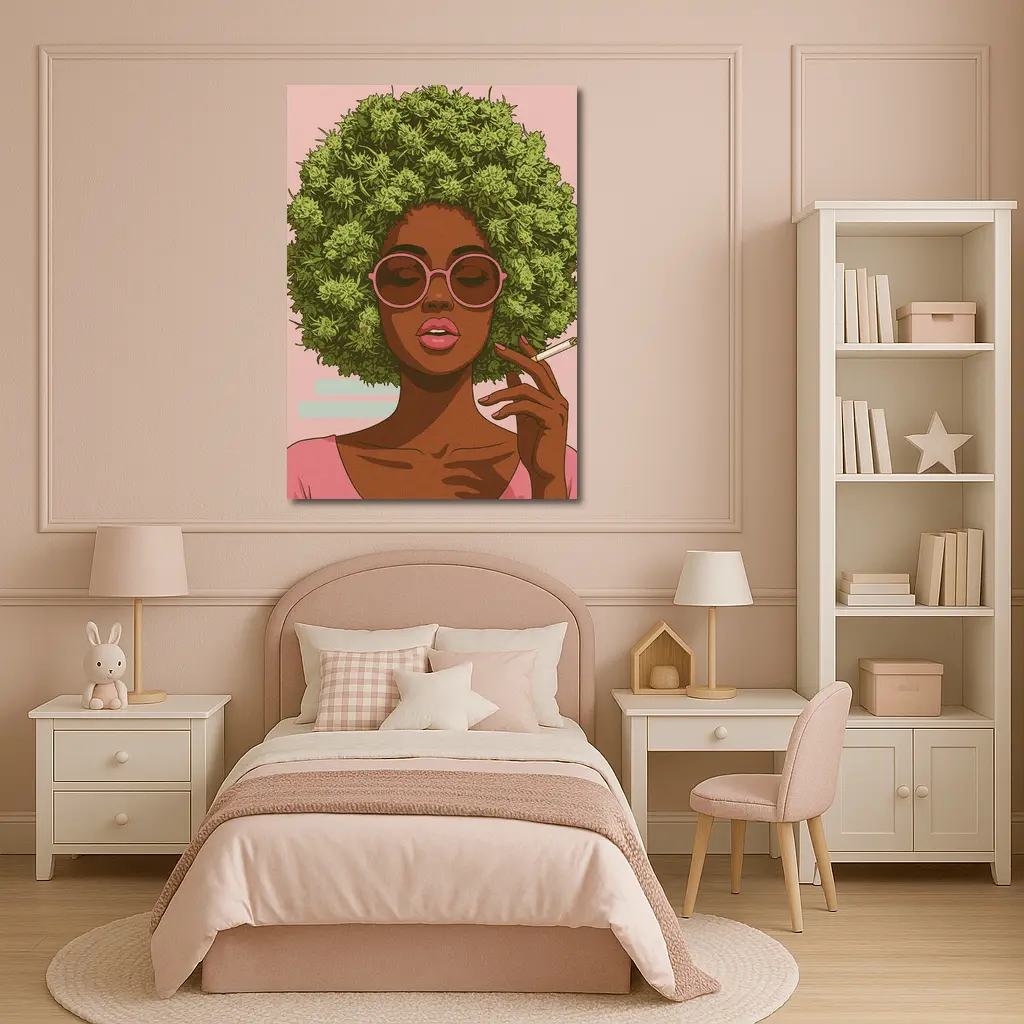 Cannabis Afro Woman Pink Sunglasses Pop Art – Wall Art