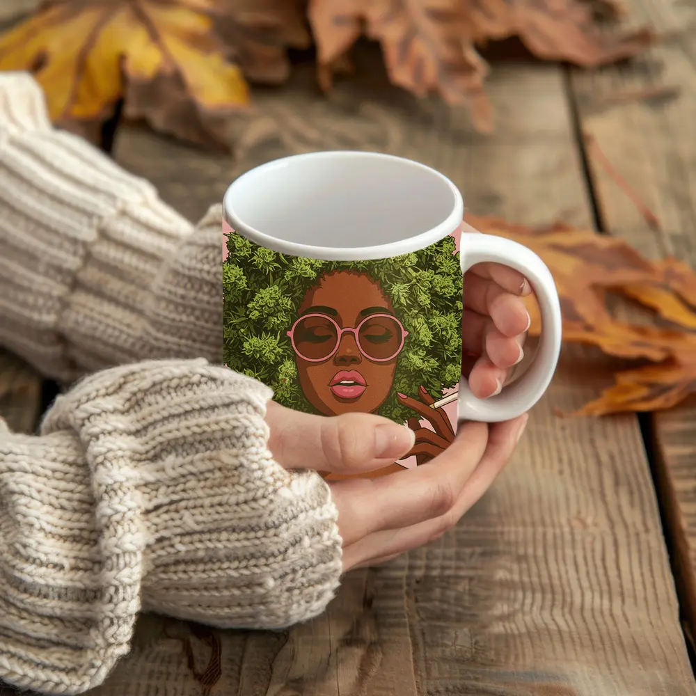Cannabis Afro Woman Pink Sunglasses Pop Art – Mugs