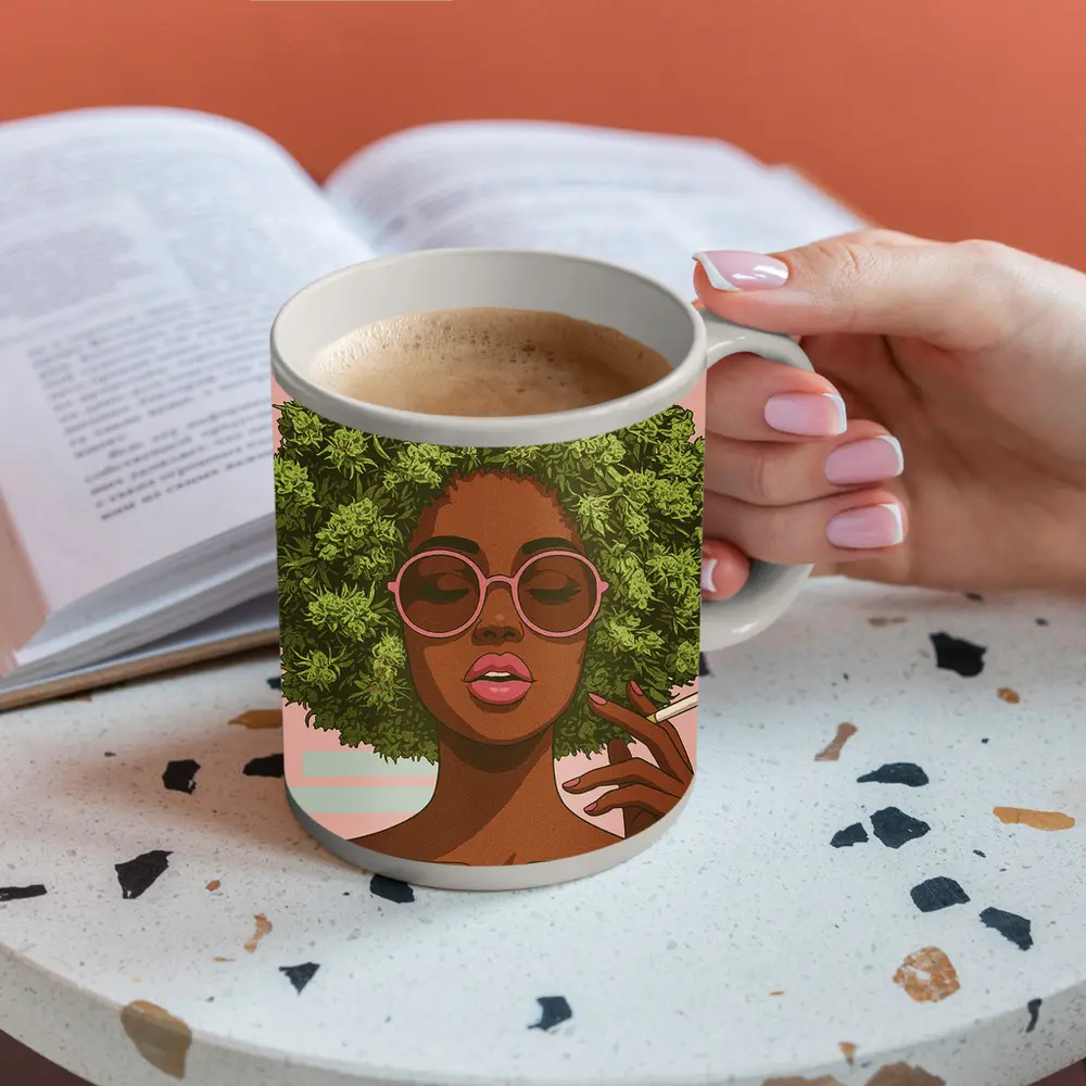 Cannabis Afro Woman Pink Sunglasses Pop Art – Mugs