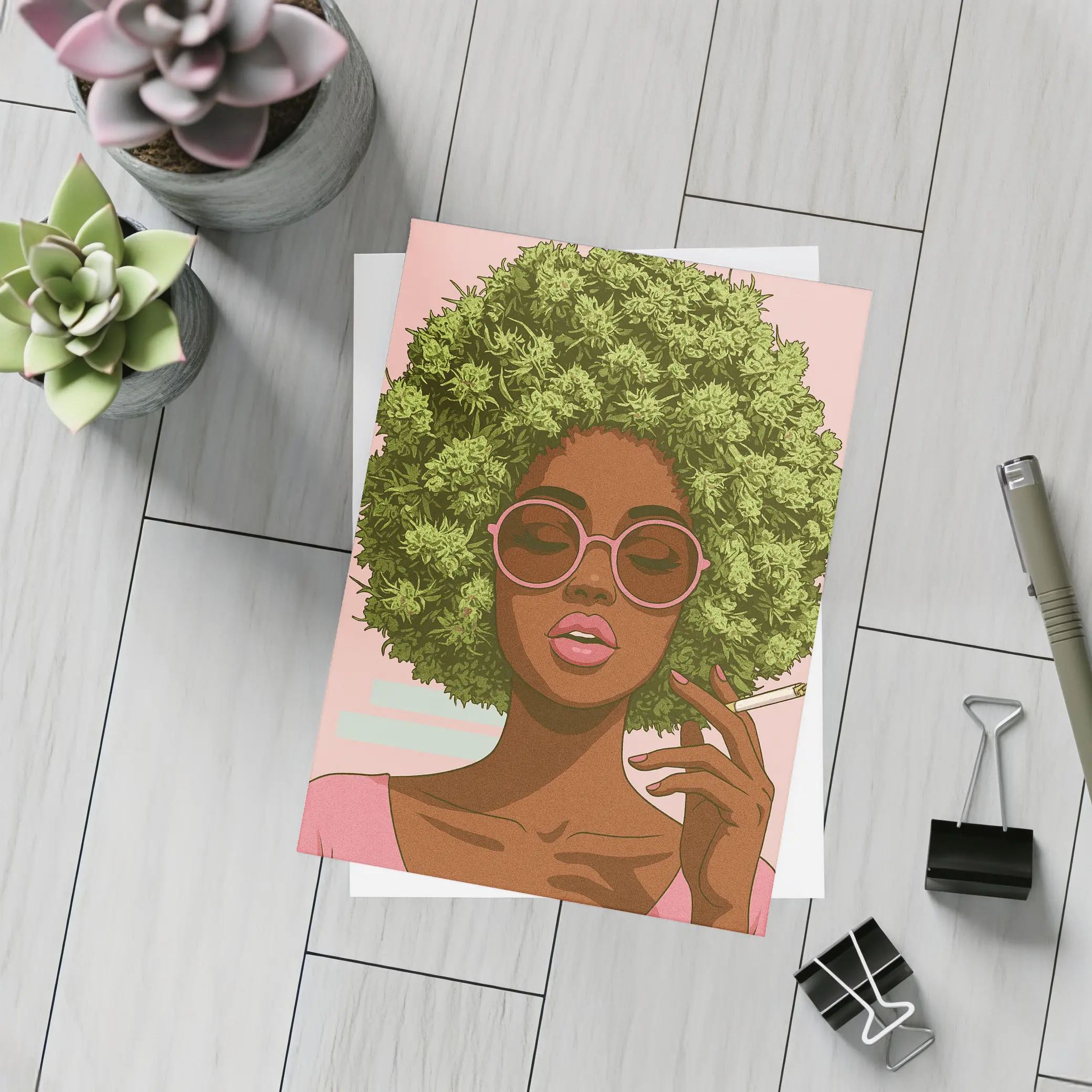 Cannabis Afro Woman Pink Sunglasses Pop Art – Postcards