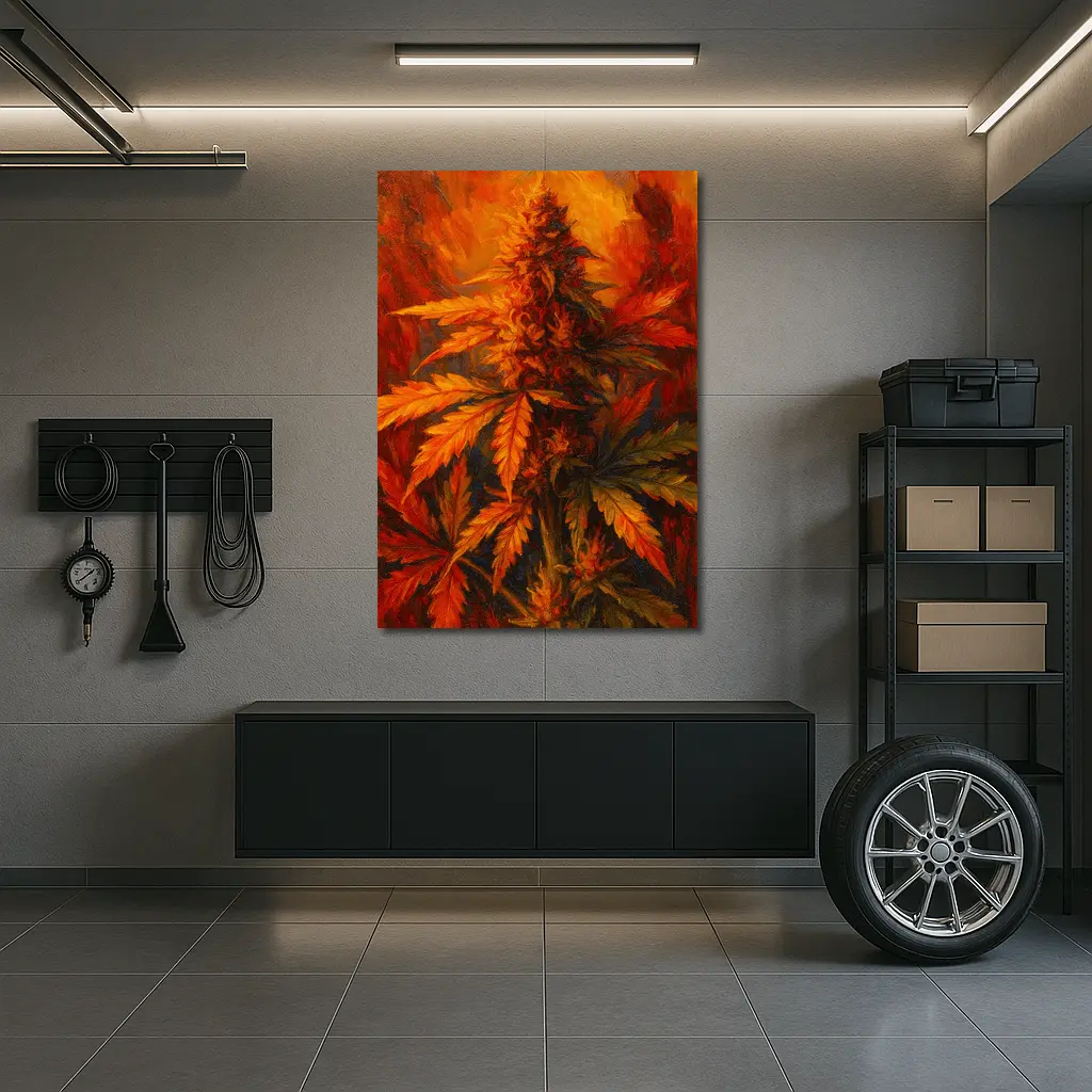 Cannabis Plant Oil Painting Fiery Background – Wall Art