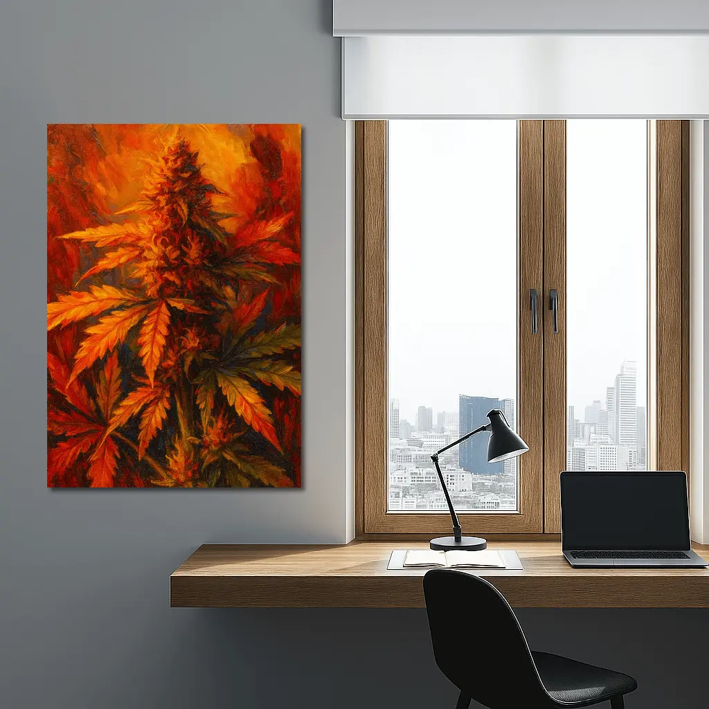 Cannabis Plant Oil Painting Fiery Background – Wall Art