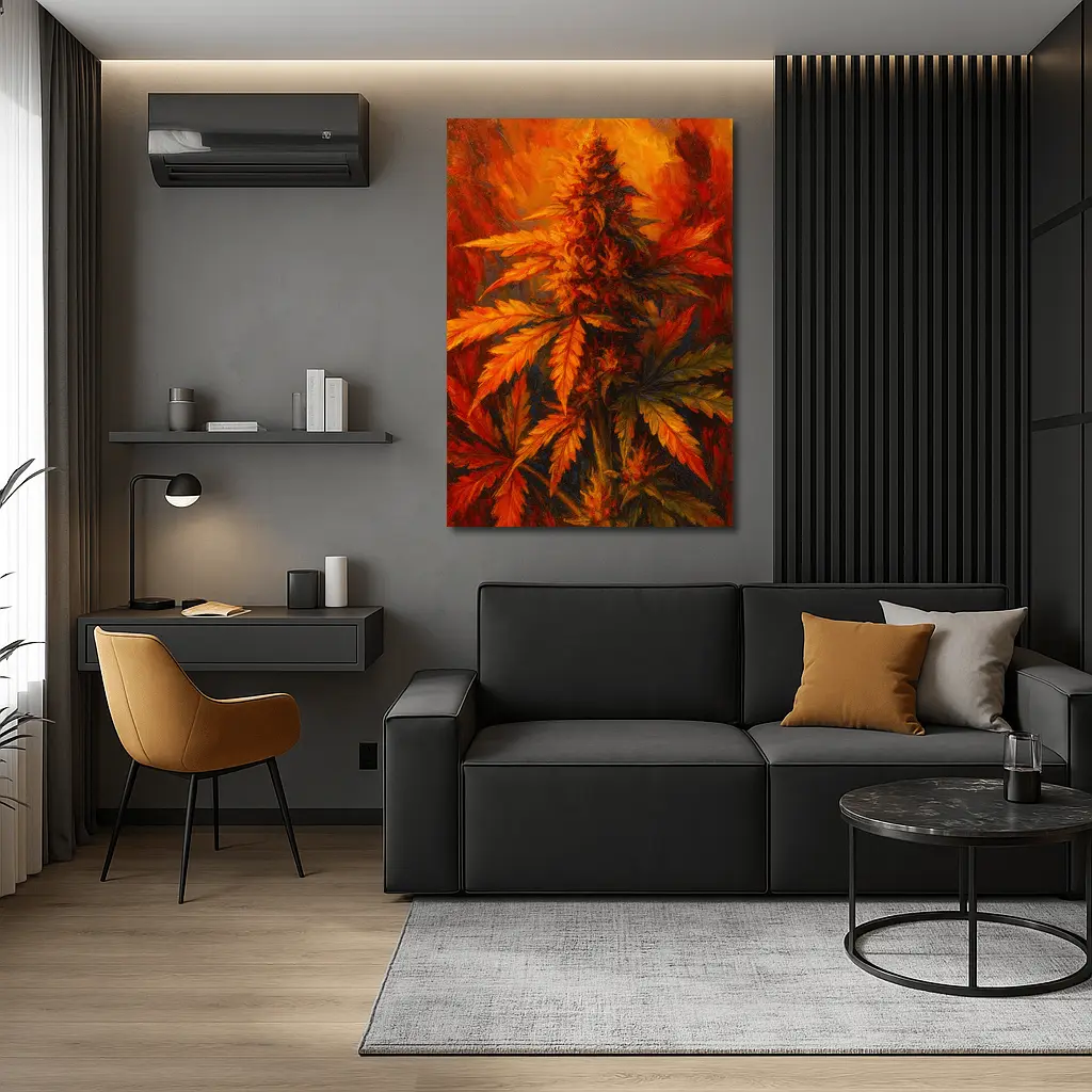 Cannabis Plant Oil Painting Fiery Background – Wall Art