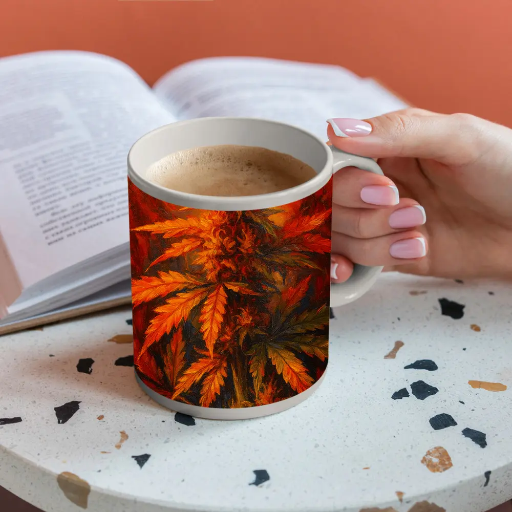 Cannabis Plant Oil Painting Fiery Background – Mugs