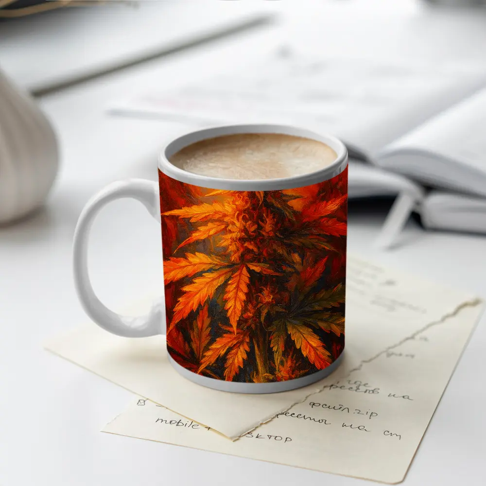 Cannabis Plant Oil Painting Fiery Background – Mugs